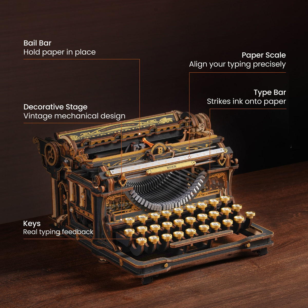 ROKR Mechanical Typewriter Wooden 3D Puzzle LK703B (Classic Version) LK703B, close-up of interior components and accessories