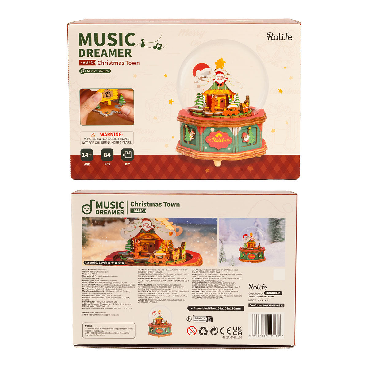 Rolife Christmas town music box packaging shown with front, back, and detail panels.