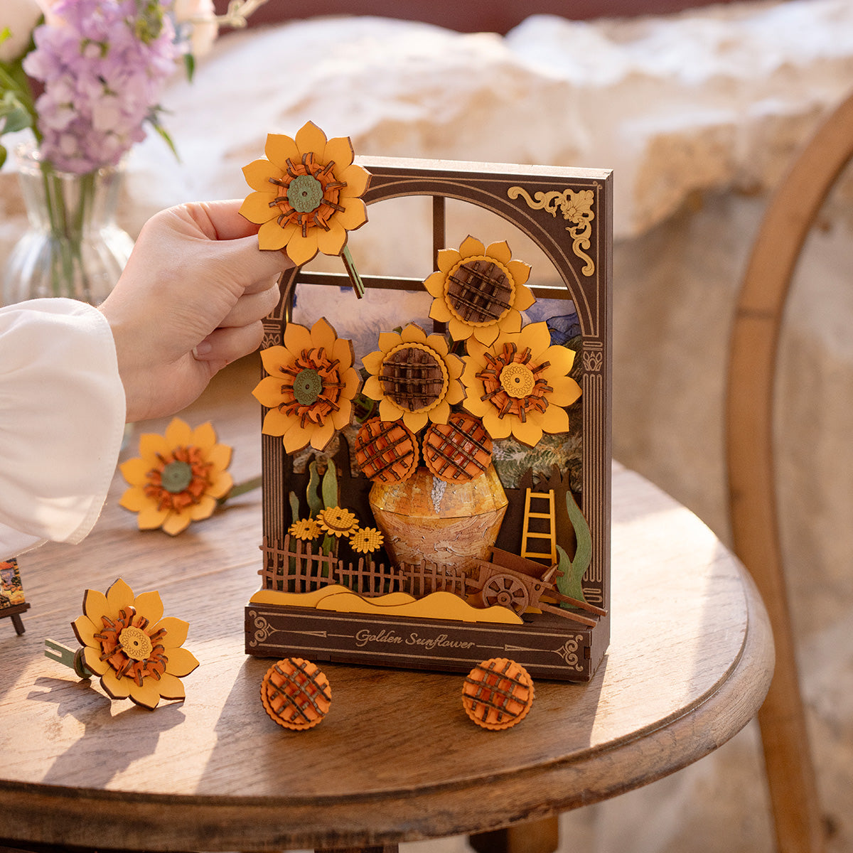 Rowood Golden Sunflower Wall Art 3D Wooden Puzzle TH002, 3D wooden wall art puzzle, side view