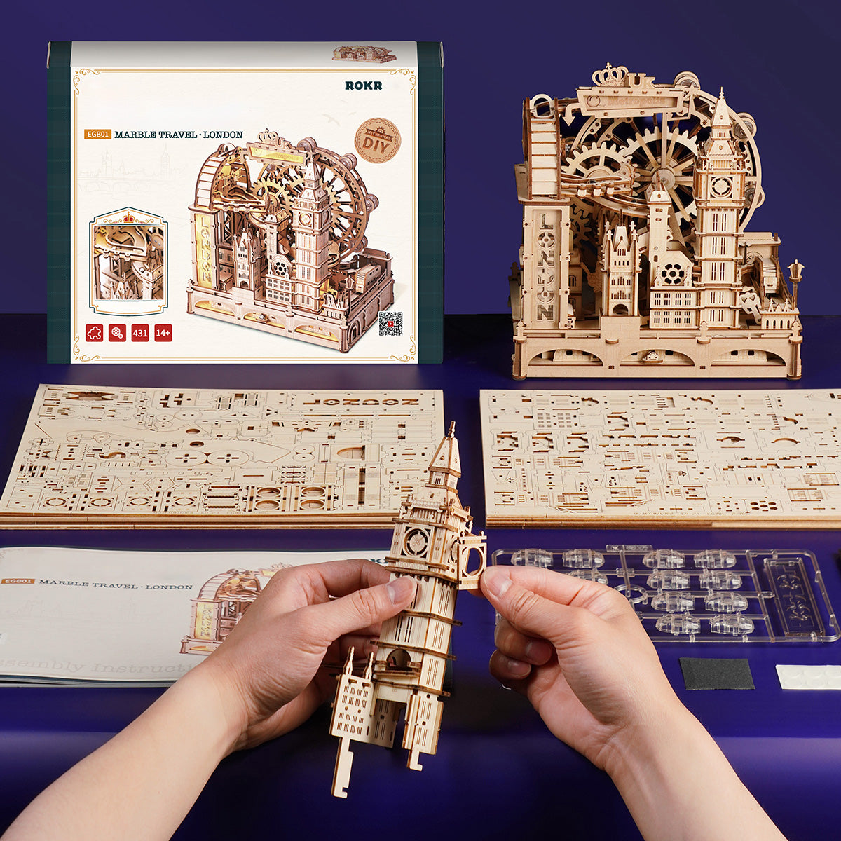 ROKR Marble Travel • London Wooden 3D wooden marble run, in-scene context EGB01