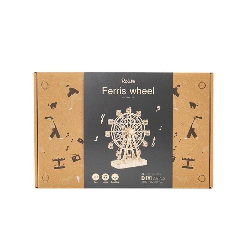 Rolife Ferris Wheel TGN01 kraft retail packaging box front showing product name, Ferris wheel icon and difficulty rating