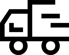 Black outline delivery truck icon with motion lines and a small package symbol