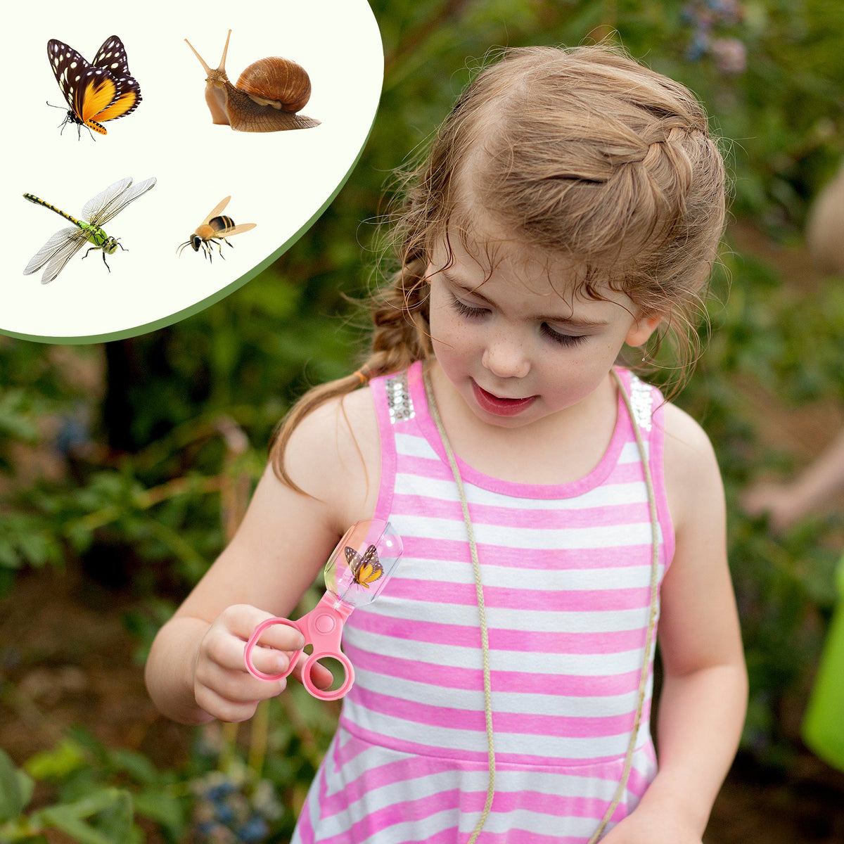 Girl with braided hair outdoors holding ROBUD pink magnifying glass near flowers with butterfly and snail illustrations in corner