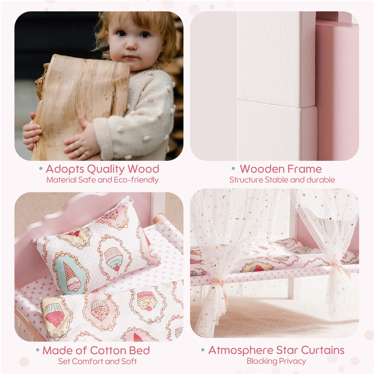 ROBUD pink doll bunk bed material details showing quality wood panel, wooden frame, cotton bedding with cupcake print, and star canopy curtains