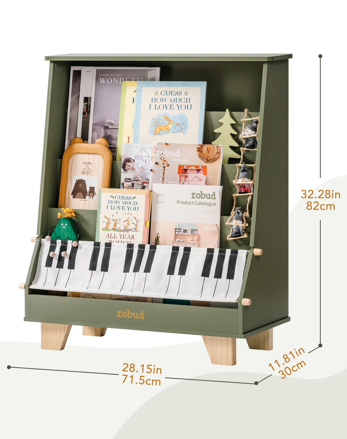 ROBUD Wooden Kids Bookshelf Piano green version product dimensions infographic showing 32.28 inch height and 28.15 inch width with the olive green bookshelf loaded with picture books