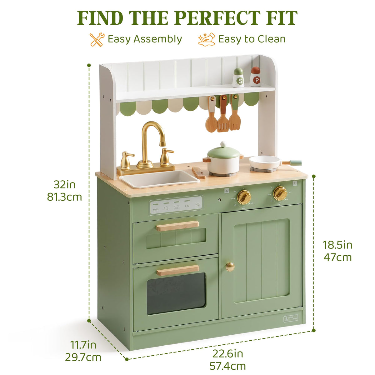 ROBUD Olivia play kitchen size diagram showing 32 by 22.8 by 11.7 inch dimensions with easy assembly and easy to clean callouts