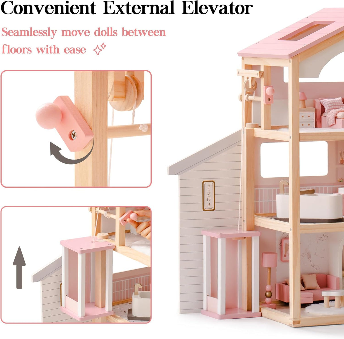 ROBUD wooden dollhouse convenient external elevator feature detail showing pink lift mechanism between floors