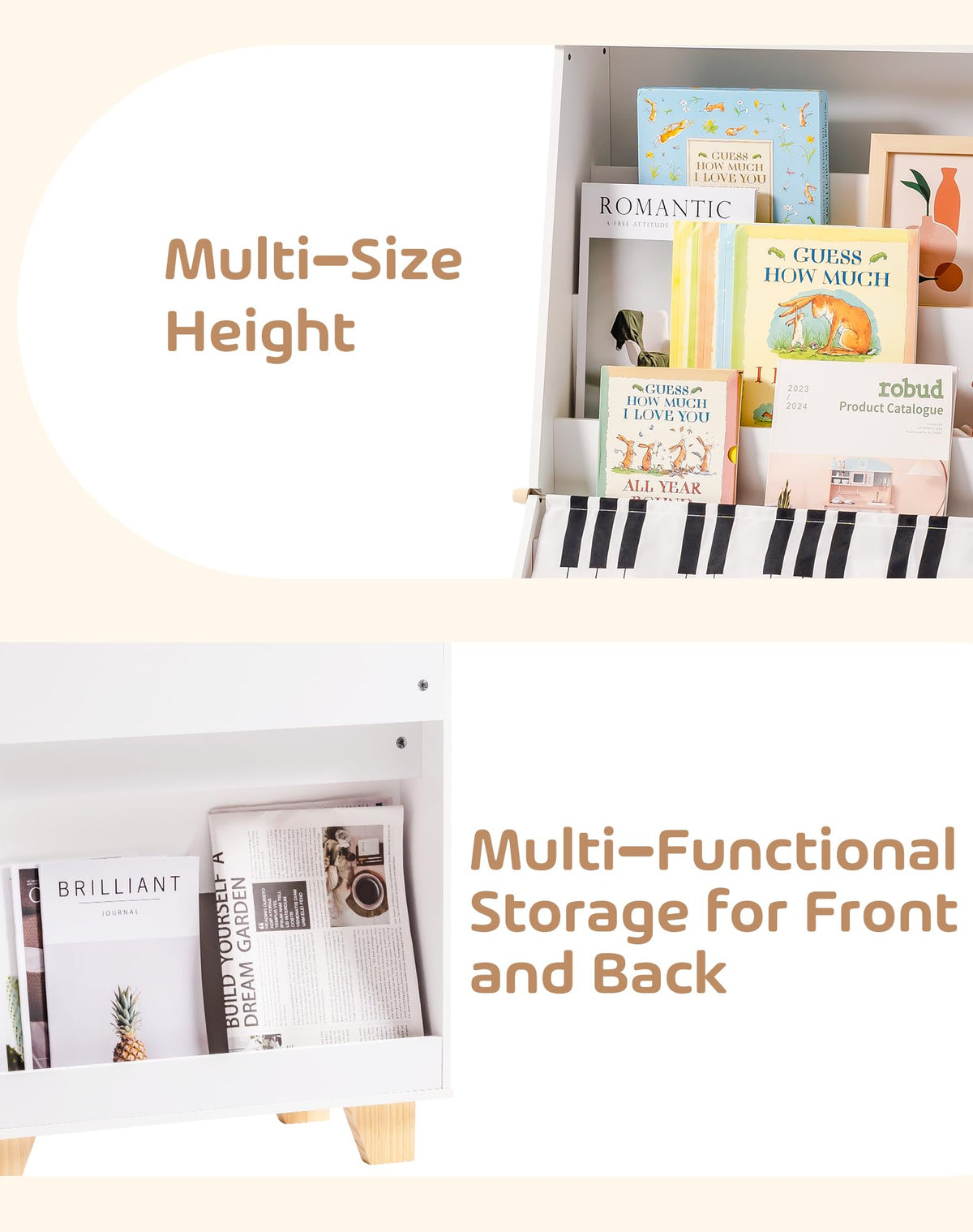 ROBUD Wooden Kids Bookshelf Piano white version multi-size storage infographic showing the tiered shelf with books of varying heights and a close-up of front and back dual-sided storage feature