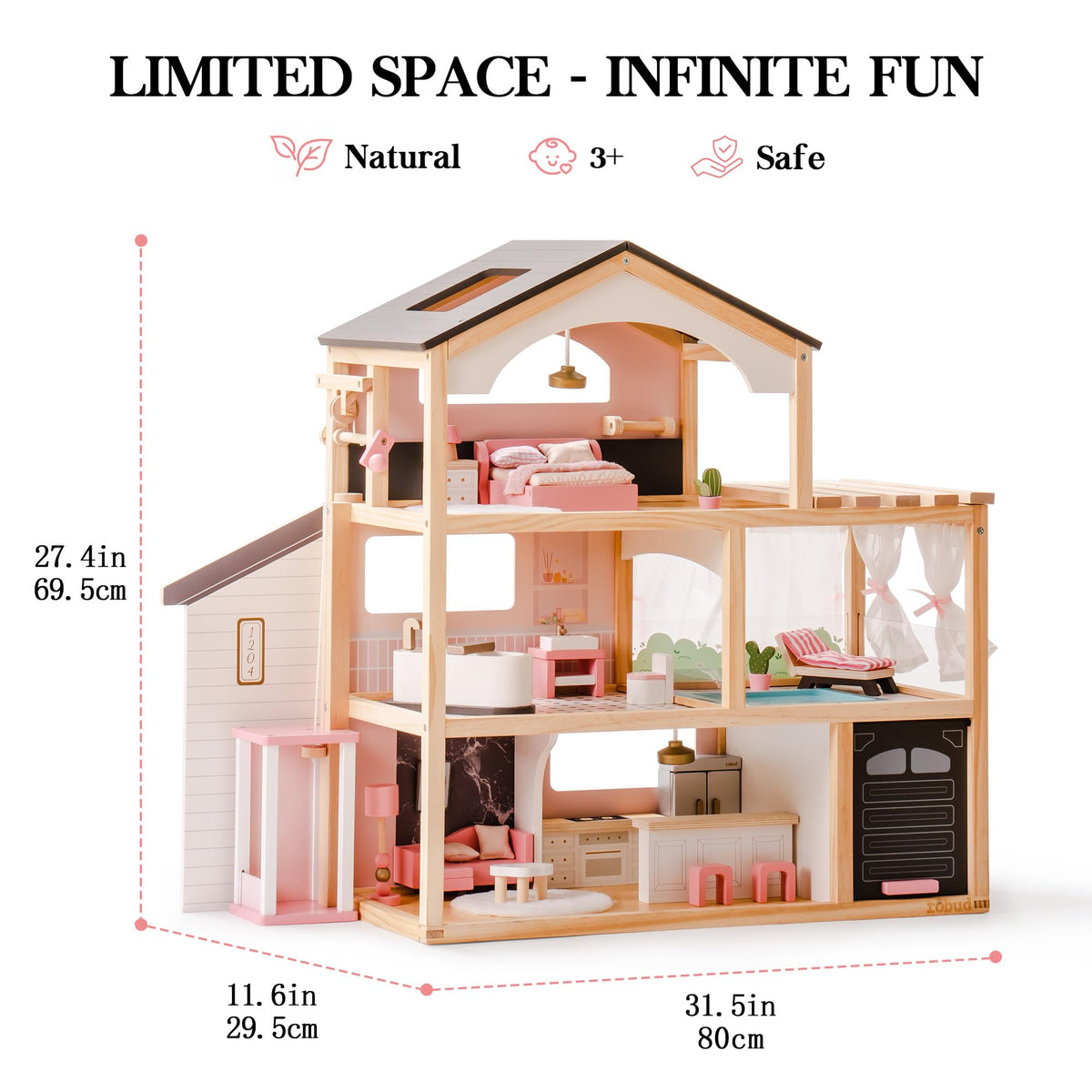 Robud wooden dollhouse, feature callouts and dimensions