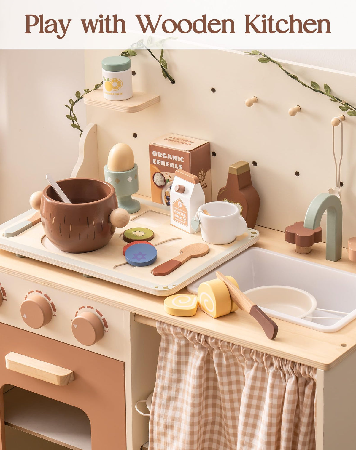 ROBUD wooden kitchen play set showing pots, cutting board, condiment bottles and cooking utensils in warm natural tones