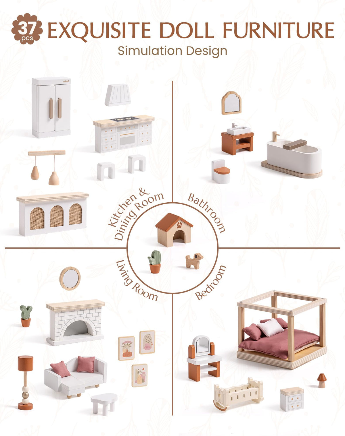 Robud wooden dollhouse bohemian, feature callouts and dimensions