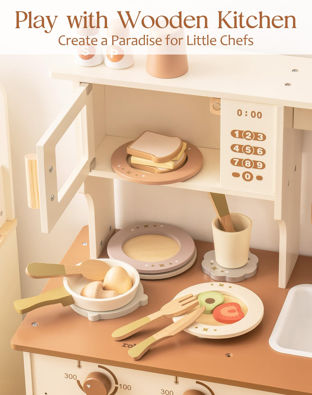 ROBUD wooden play dish set lower cabinet storage scene showing plates and pots inside white play kitchen