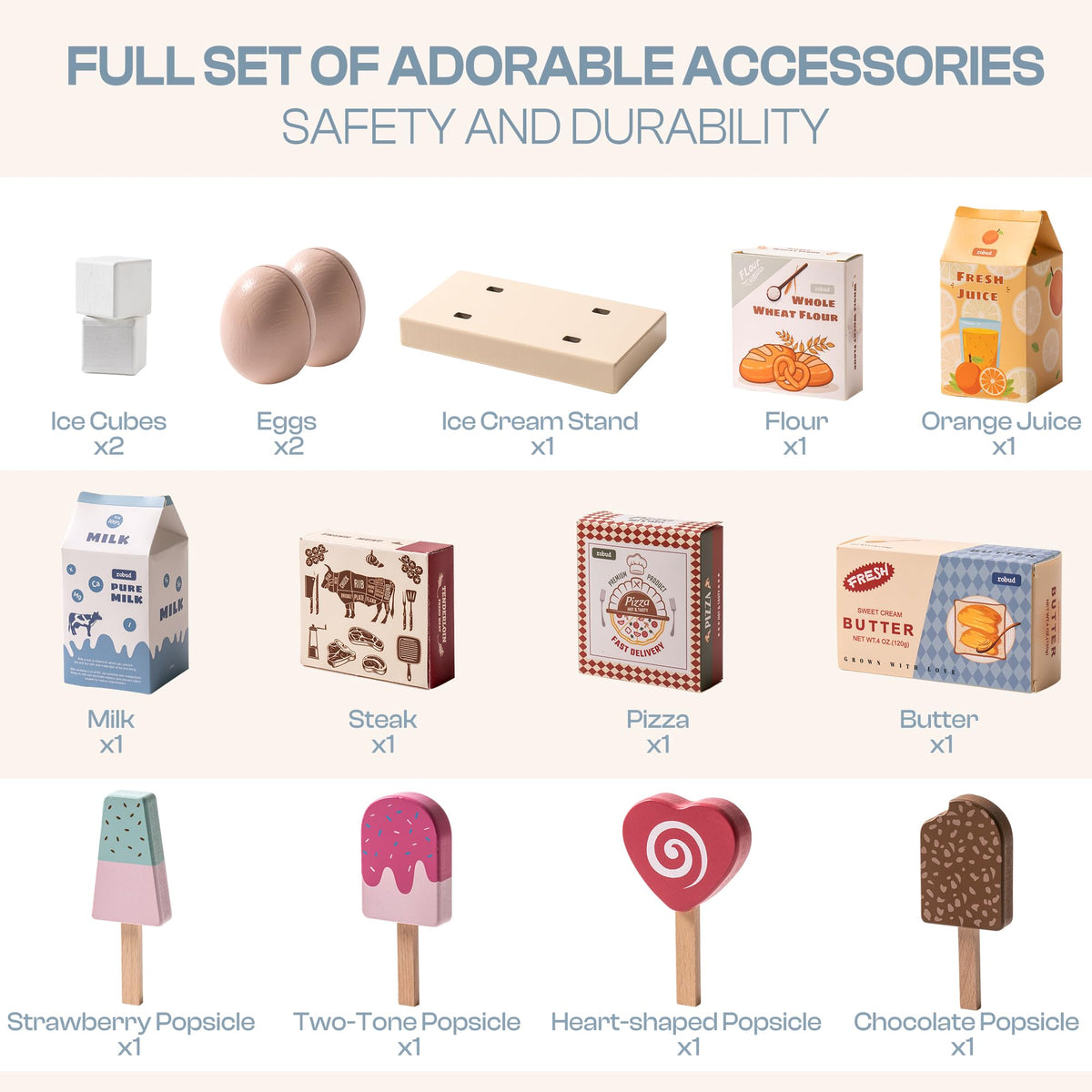 Robud Wooden Play Fridge Freezer Set for Kids 3D wooden model kit, exploded view of components and parts
