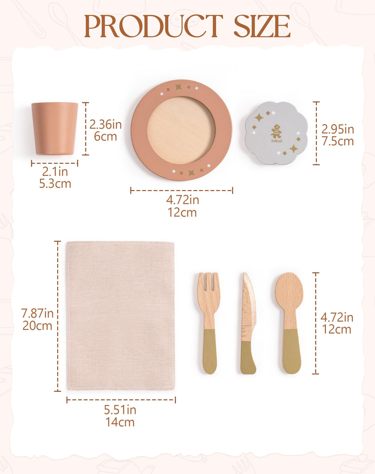 ROBUD wooden play dishes product size diagram with individual piece dimensions labeled in pink on white