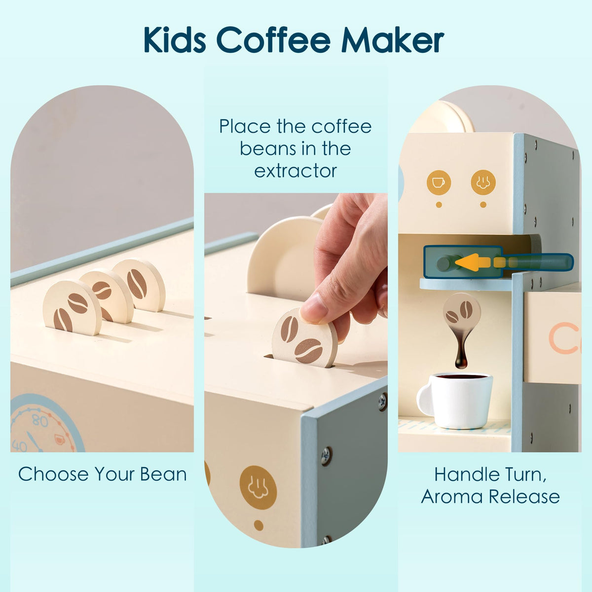 Robud wooden coffee shop playset, close-up of texture and finish