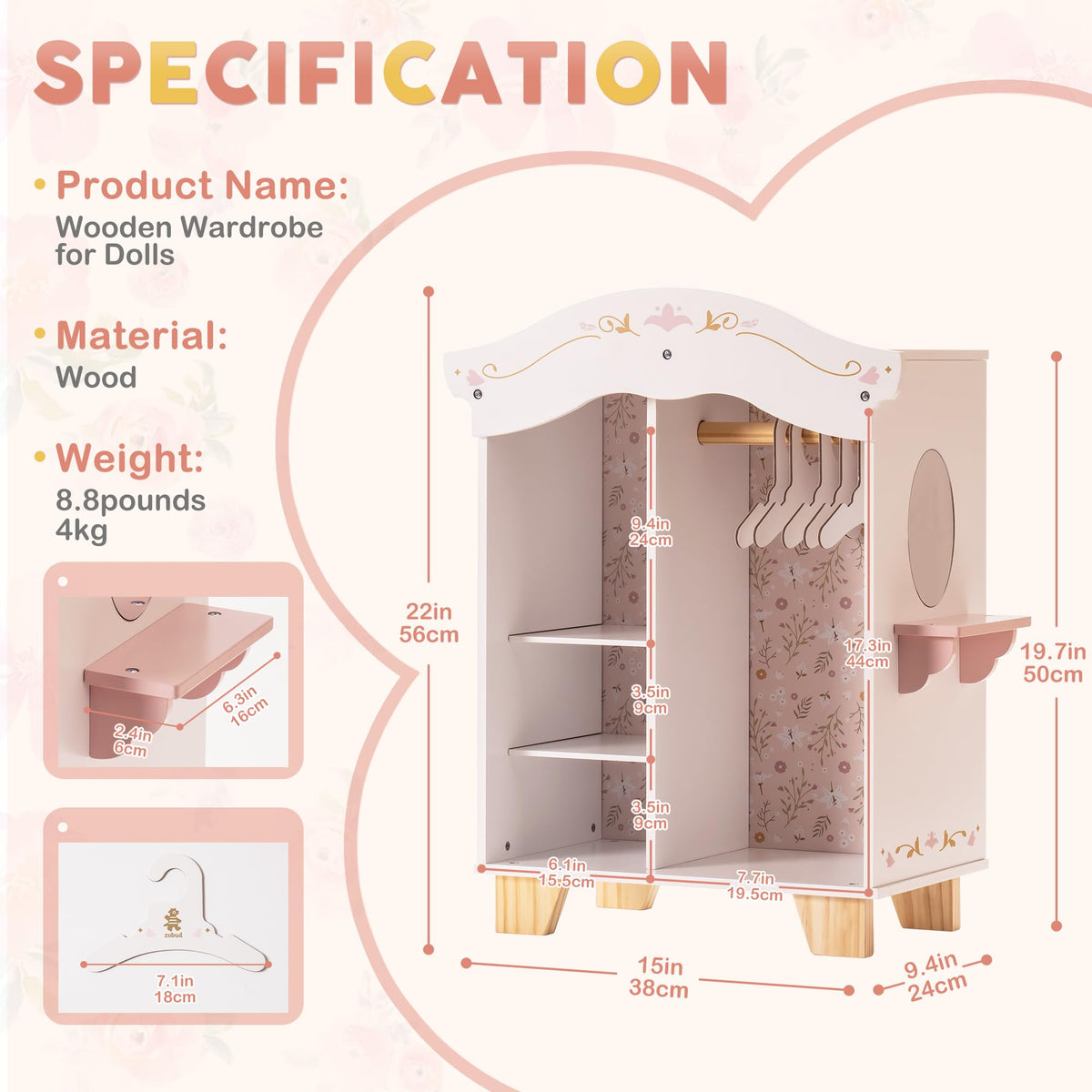 ROBUD Wooden Wardrobe for Dolls specification card showing 22 in wide, 19.7 in tall, wood material, and 8.8 lb weight.