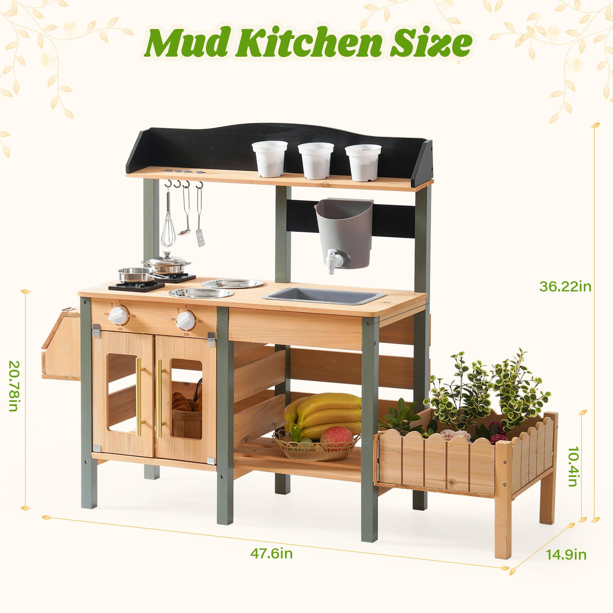 ROBUD outdoor wooden mud kitchen showing dimensions with planter box, sink area, black chalkboard panel, stainless steel pots, and hanging cookware tools