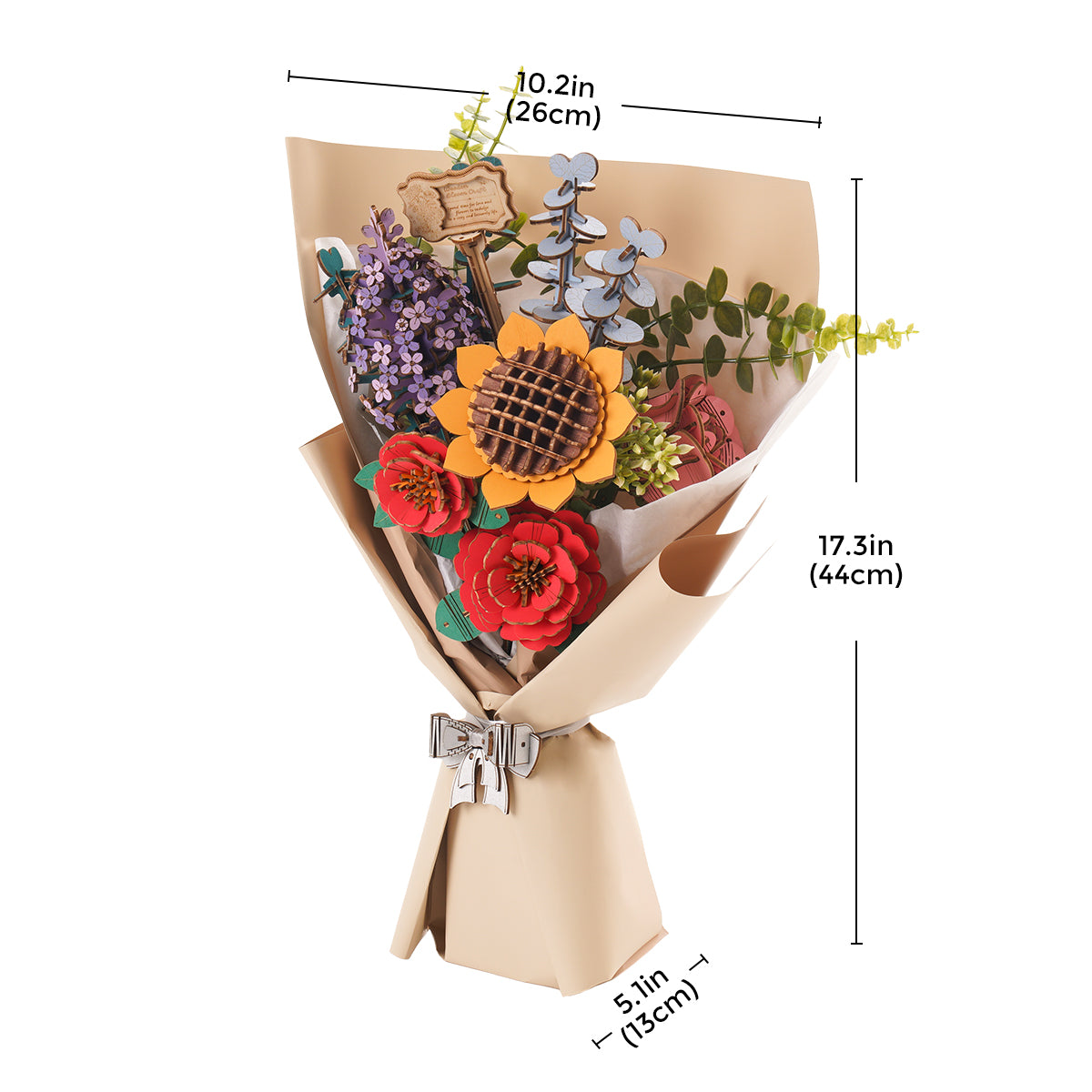 Die Größenübersicht zum Rowood Holzblumenstrauß zeigt das eingewickelte Arrangement mit Höhenangaben.