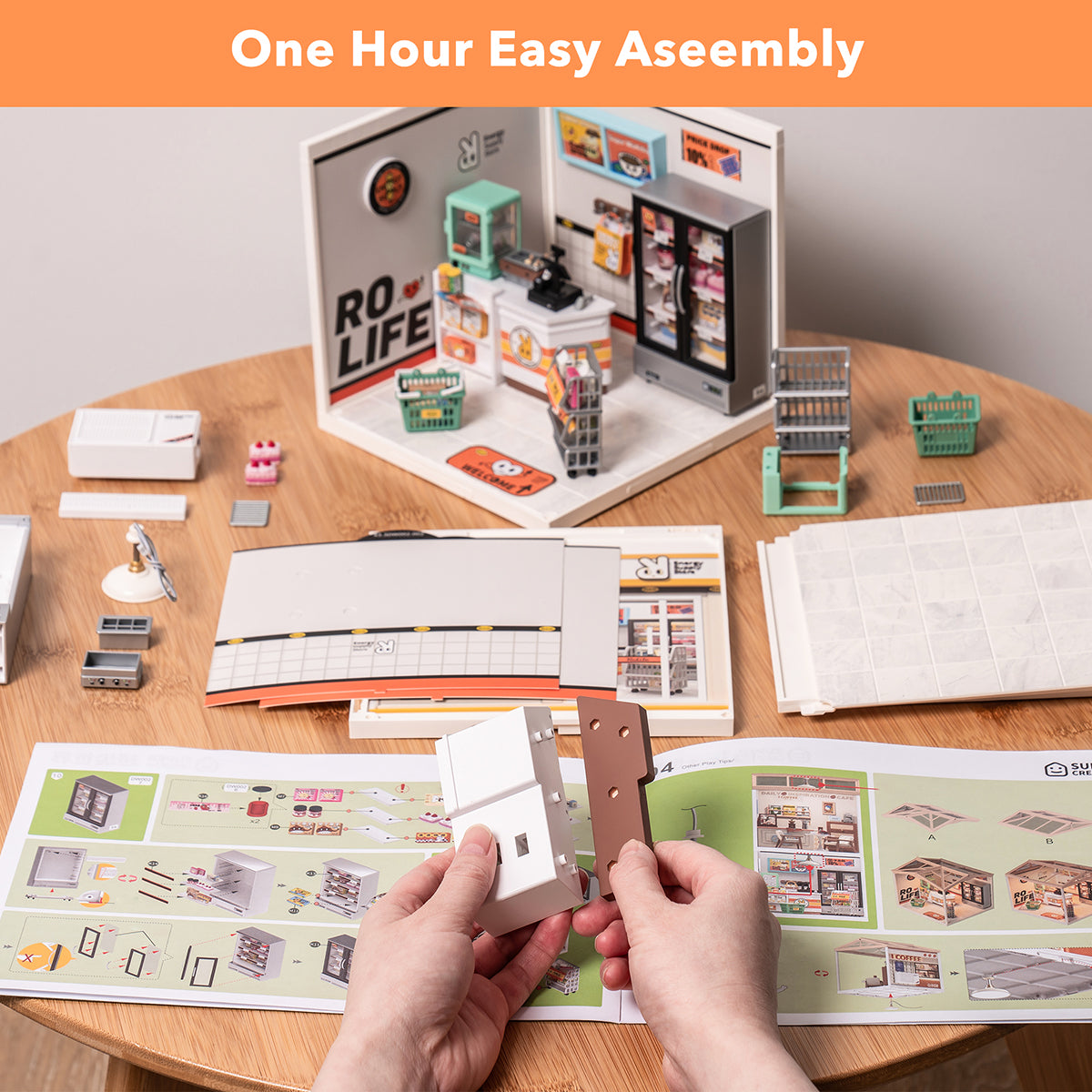 Rolife Super Creator Energy Supply Store DW002 DIY book nook miniature kit, side profile detail shot