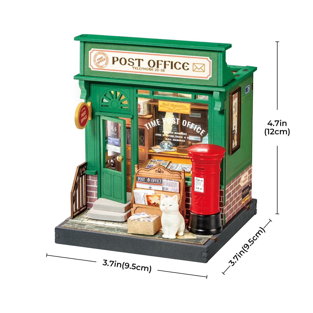 Rolife Century Post Office DS037 assembled model with 3.7 by 3.7 by 4.7 inch dimension labels on a white background