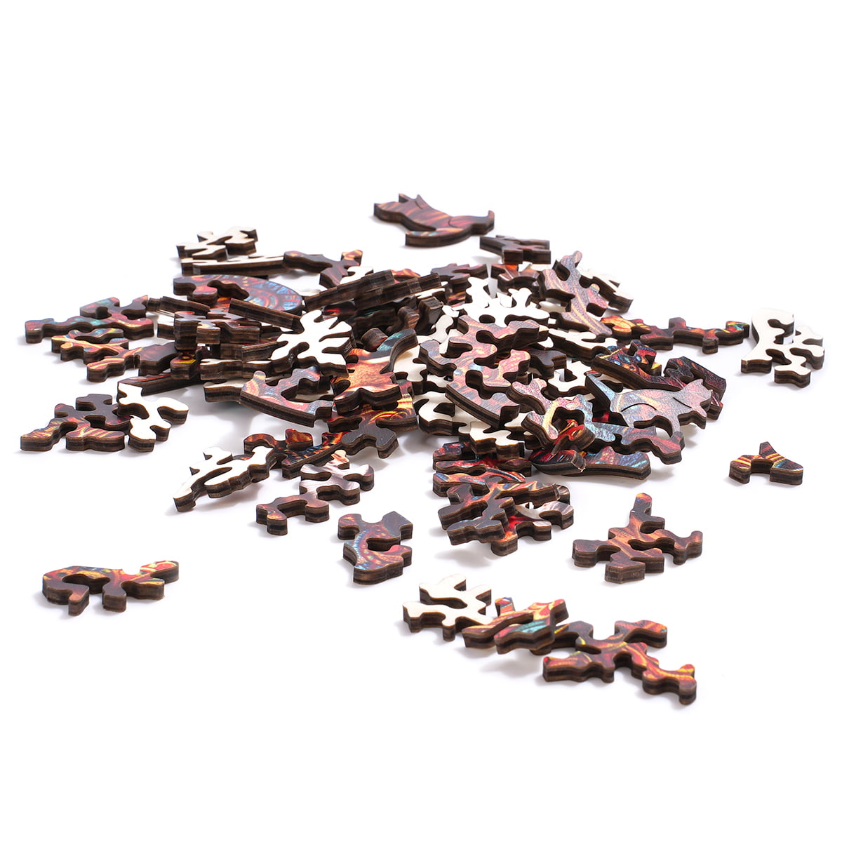 Robotime Exotic Cat wooden puzzle pieces spread loose on white surface showing unique animal-shaped interlocking cuts in dark walnut tones