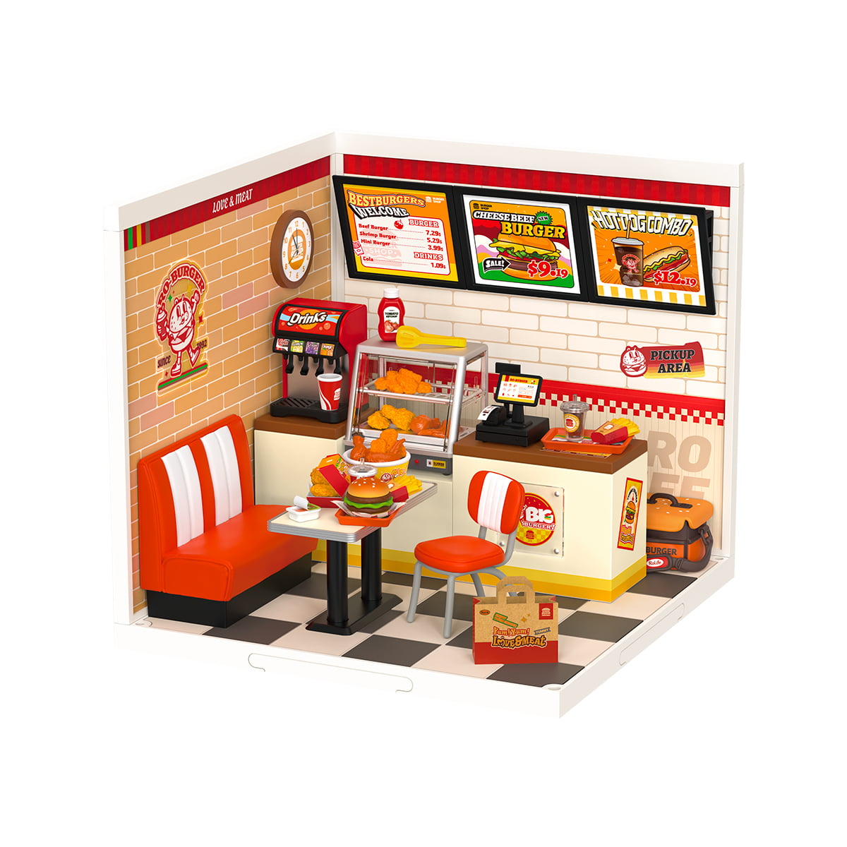 Rolife Yum Yum Burgers DW010 miniature fast food diner with a black and white checkered floor, red booth seating and a lit burger menu counter