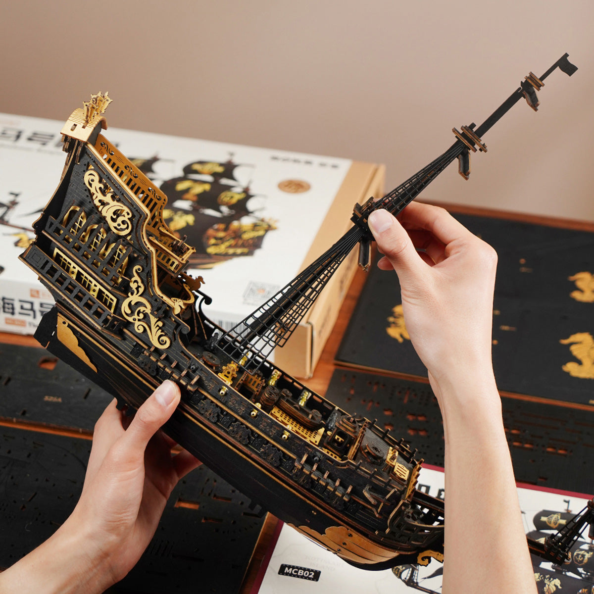 ROKR The Seahorse Barque 3D Wooden Puzzle MCB02, 3D wooden ship model puzzle, top-down view