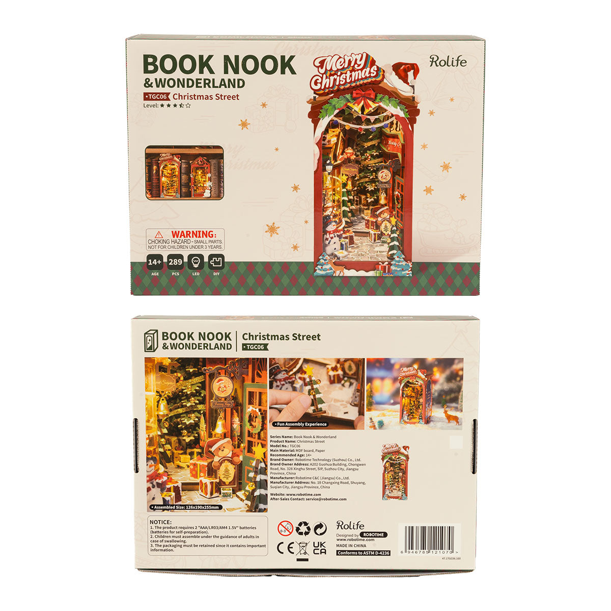 Rolife Christmas Street book nook packaging shown with front, back, and detail panels.