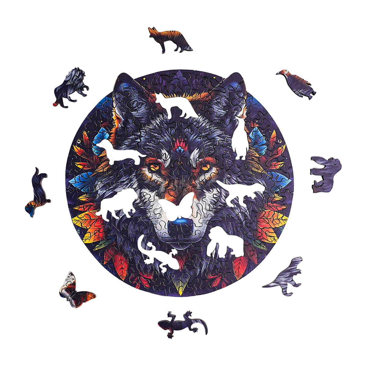 Completed Robotime Wolf in the Jungle wooden jigsaw puzzle in circular wooden frame with a bold wolf portrait and colorful animal-shaped bonus pieces arranged around it