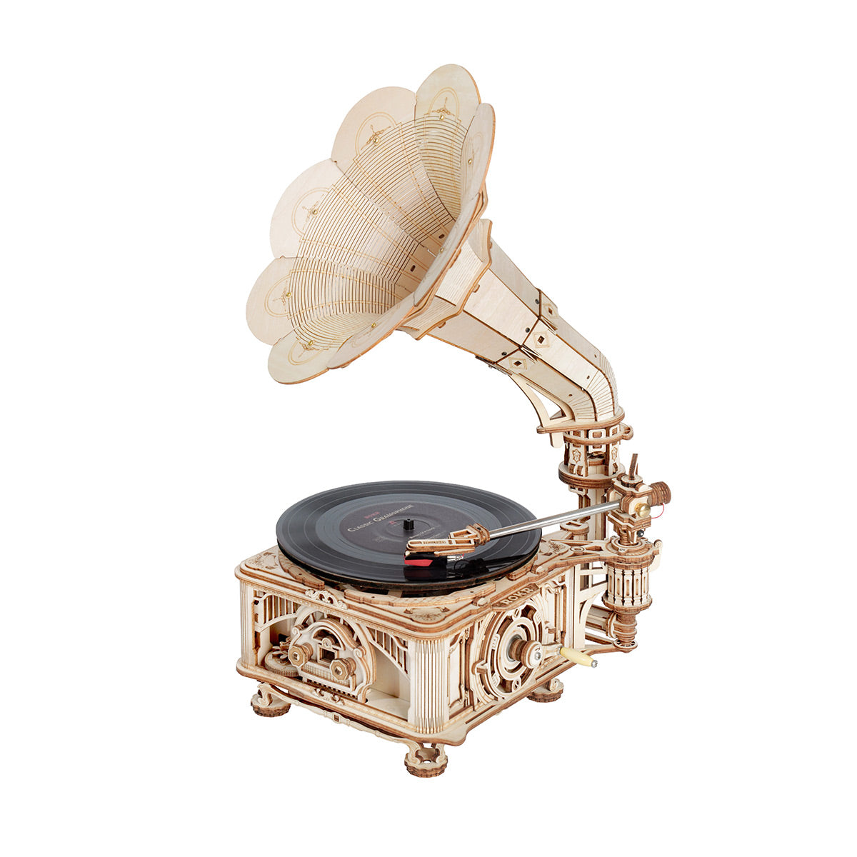 ROKR, Classic Gramophone, LKB01D, 3D wooden gramophone puzzle, three-quarter angle