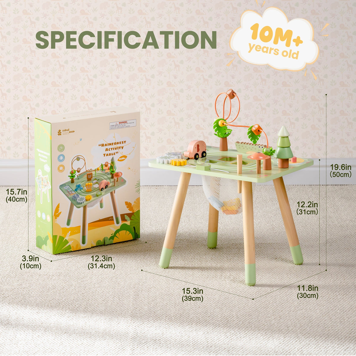 ROBUD 11 in 1 Wooden Rainforest Activity Table specification card showing 15.7 by 13.3 by 12.5 inch dimensions for 10 months plus