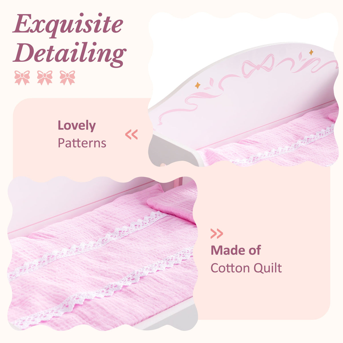 Close-up of ROBUD pink cotton quilt and pillow on doll bunk bed showing lovely bow patterns and lace-edge cotton fabric detail