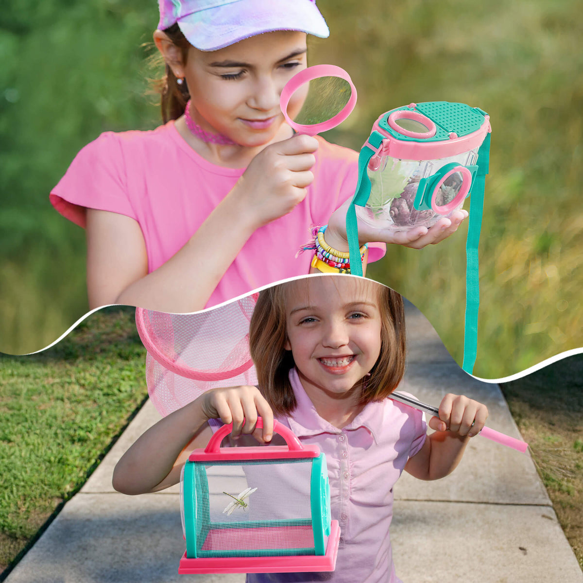 Two girls outdoors using the ROBUD pink explorer kit, one using a magnifying glass to study the bug catcher jar and another holding the mesh insect cage