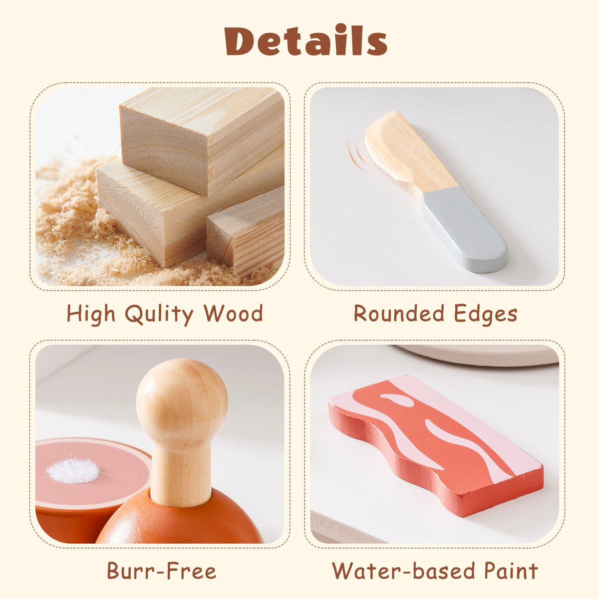 ROBUD wooden meat food playset detail infographic showing high quality solid wood, rounded edges, burr-free chicken leg piece, and water-based painted bacon strip