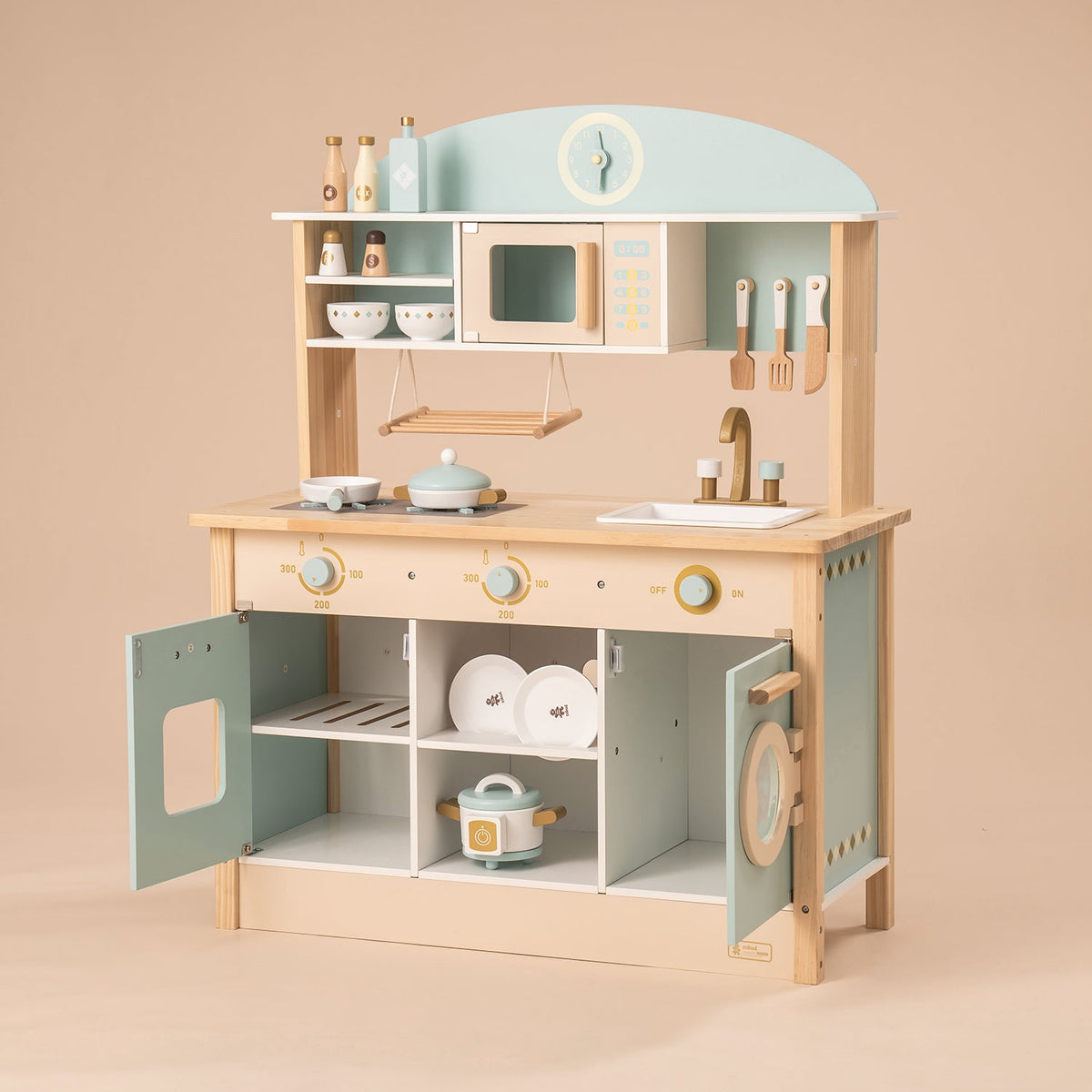 ROBUD sage green wooden kids kitchen with open lower cabinet showing plates, upper cookware shelf and arch clock