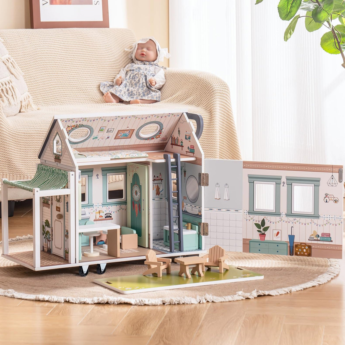 Robud wooden camper van dollhouse, main product photo on white background