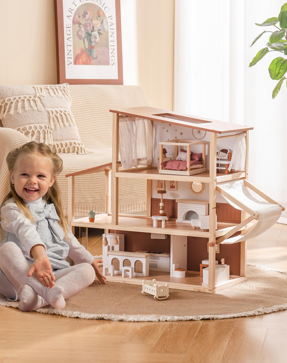 Robud wooden dollhouse bohemian, angled view showing front and side