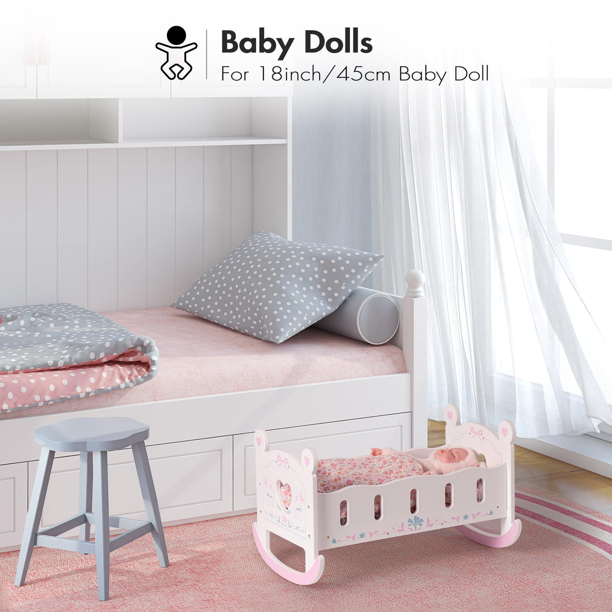ROBUD white wooden baby doll cradle crib with pink floral bedding on white room background