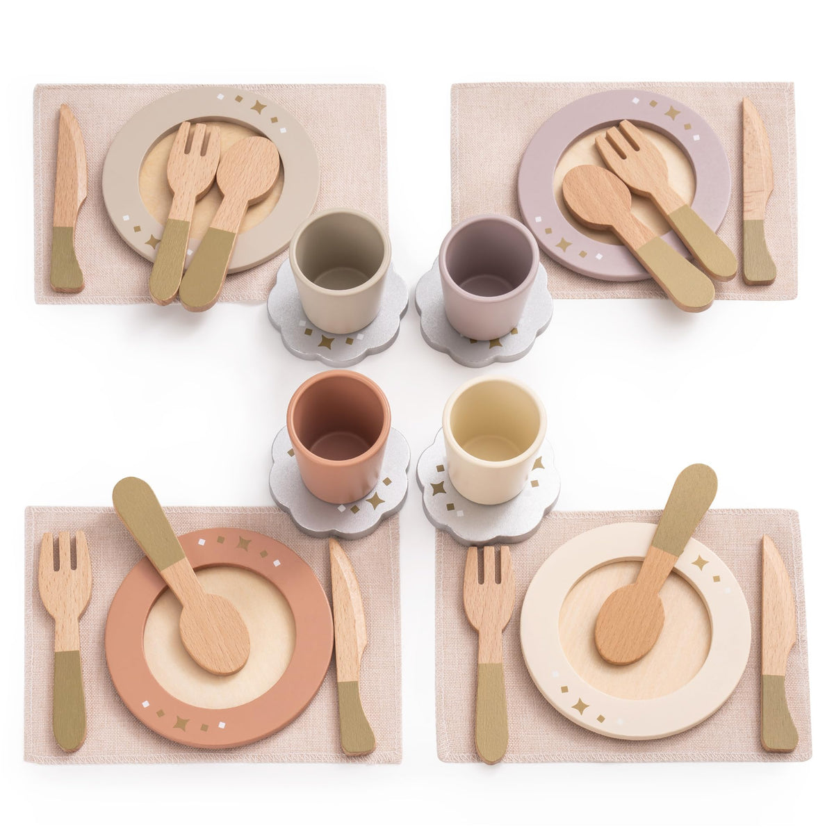 ROBUD wooden play dishes four-set in blush and beige with four place settings of plates, cups and cutlery