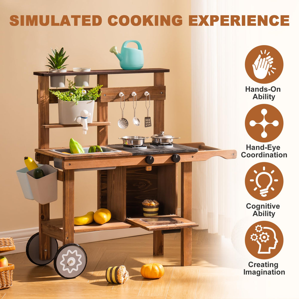 ROBUD outdoor mud kitchen simulated cooking experience card highlighting hand coordination and cognitive skill development benefits