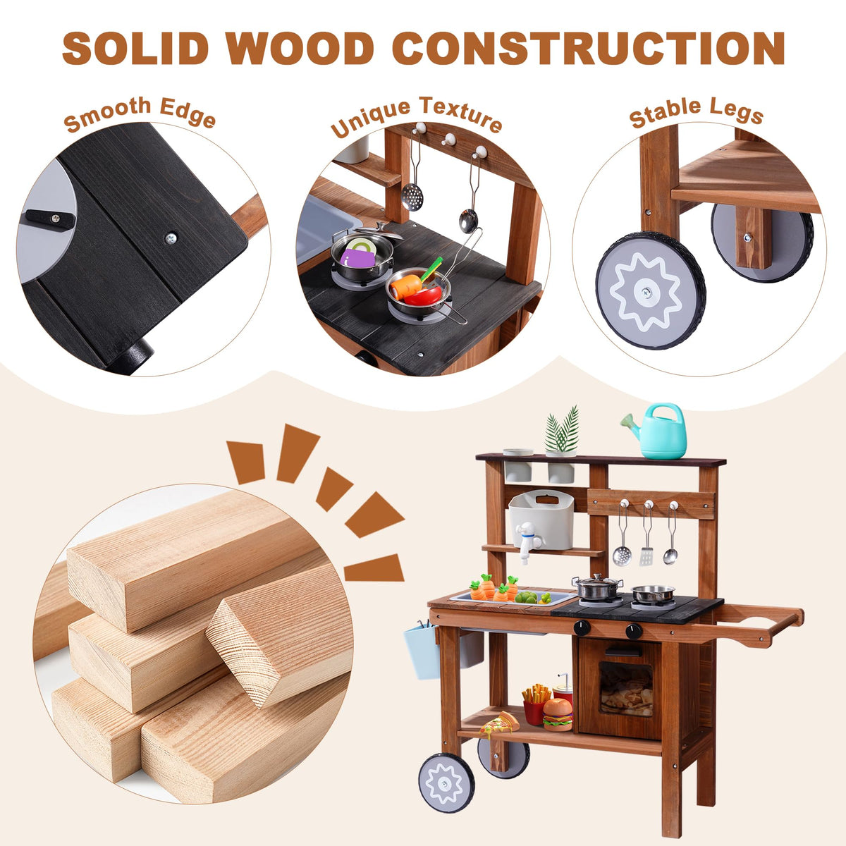 ROBUD outdoor mud kitchen solid wood construction feature card showing smooth edge, unique texture and stable wheel legs