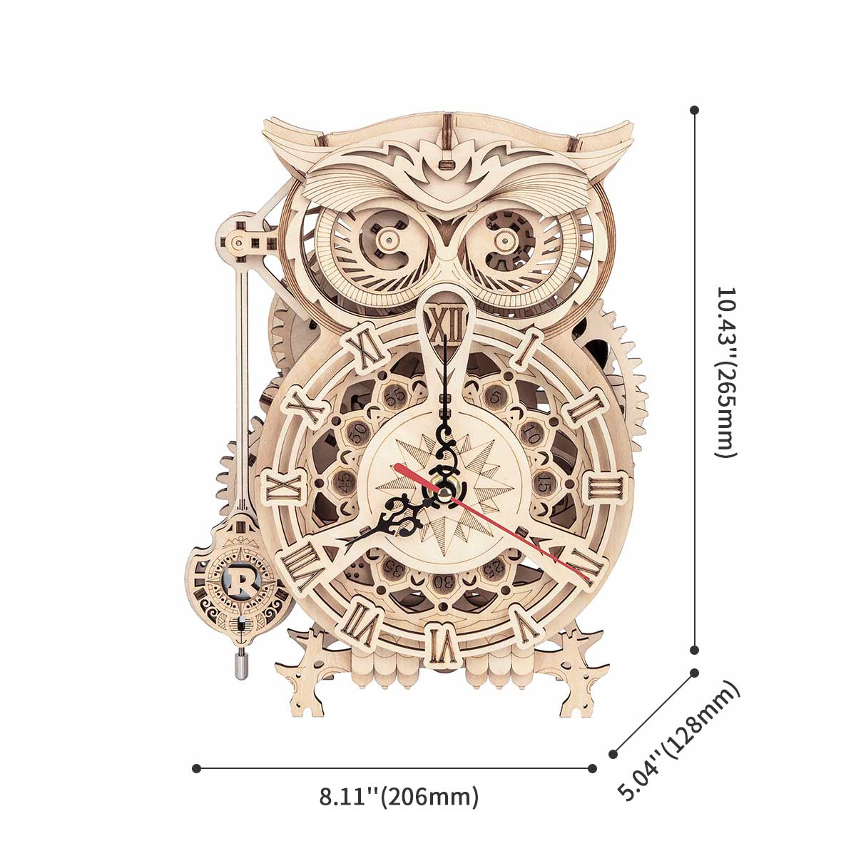 ROKR Owl Clock LK503 dimension diagram with gear face detail, labeled 8.11 by 5.94 by 10.43 inches on white