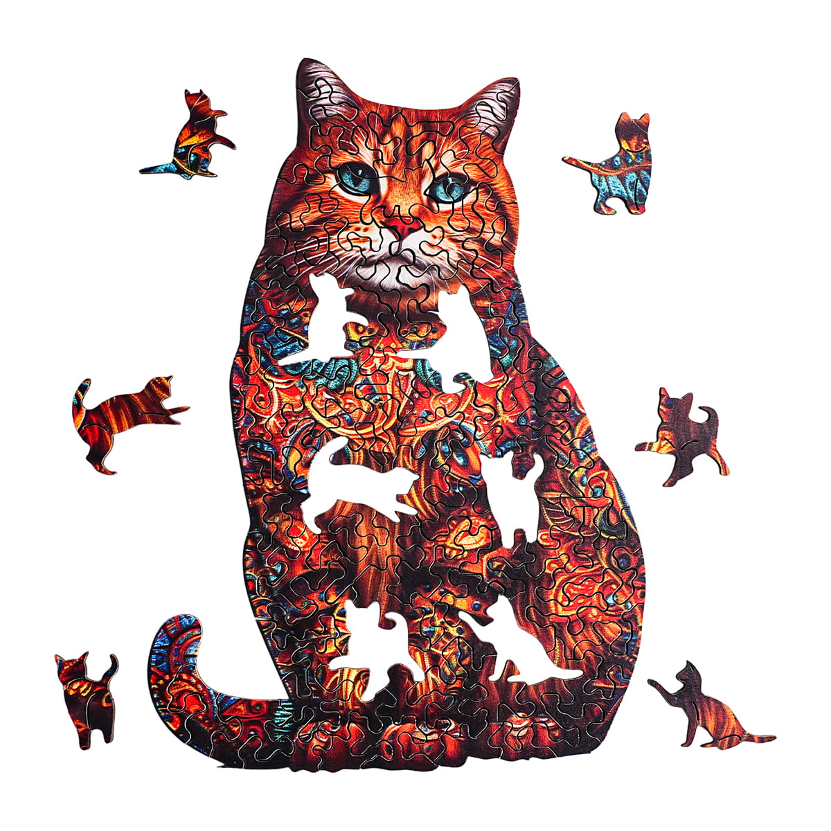 Robotime Exotic Cat wooden jigsaw assembled in cat silhouette shape with orange and red floral-patterned pieces and scattered cat-shaped extras