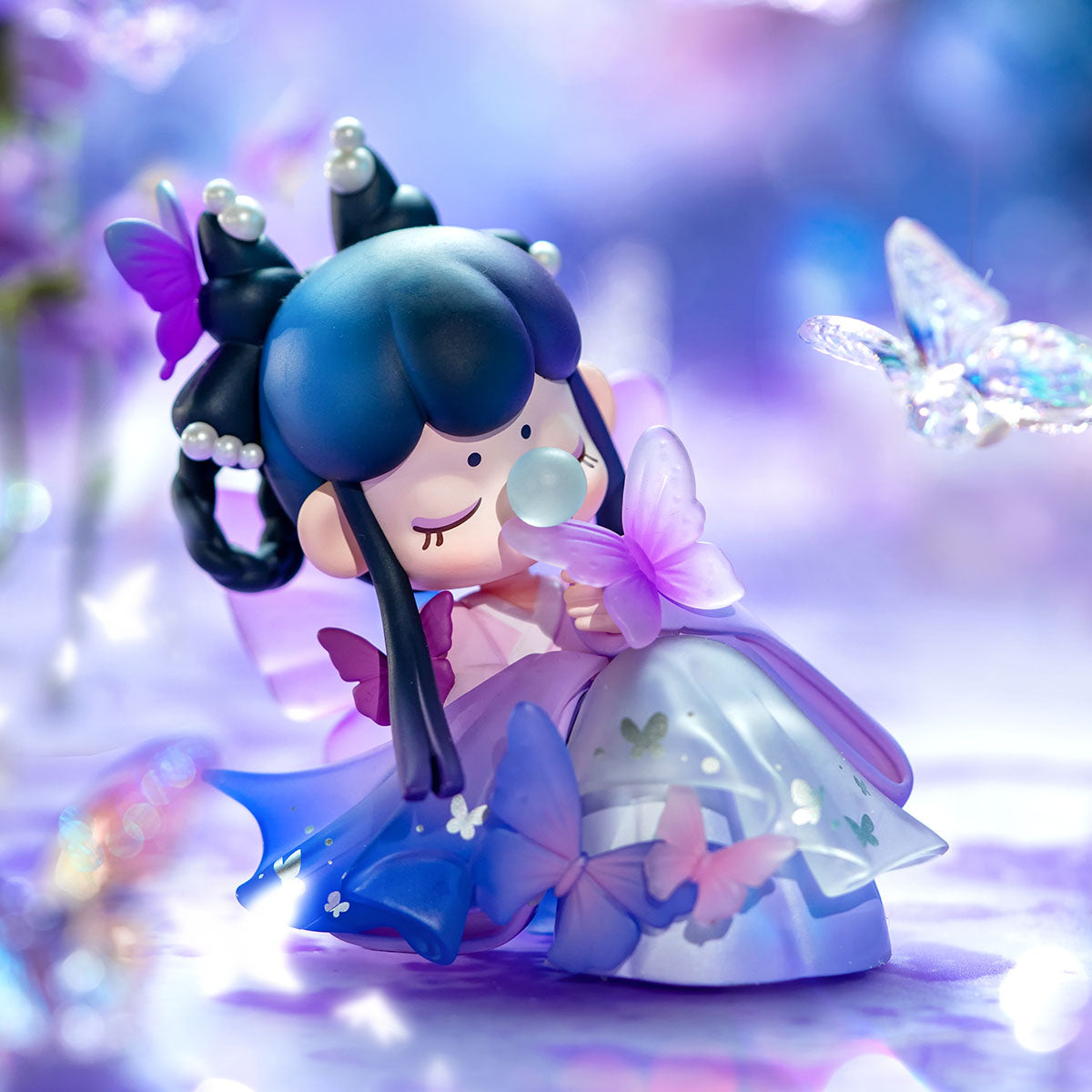 Rolife Nanci Poetic Beauty dark-hair butterfly doll in purple glitter gown surrounded by glowing blue butterflies