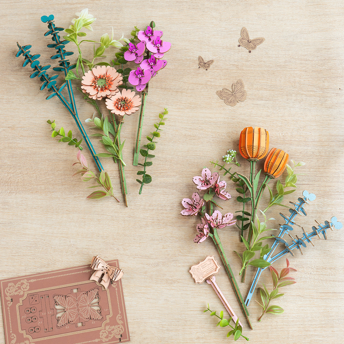 Rowood Wooden Blooming Book Flower Bouquet 3D Puzzle 3D wooden flower puzzle, styled lifestyle scene with model assembled