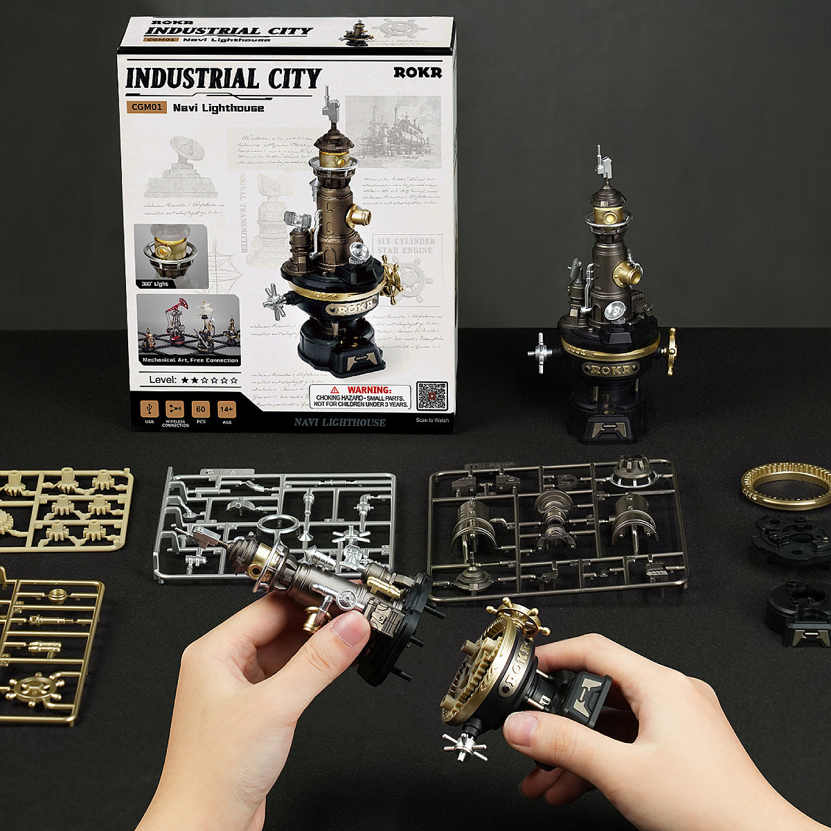 ROKR Navi Lighthouse Mechanical 3D Puzzle CGM01 3D wooden architecture model, styled lifestyle scene with model assembled