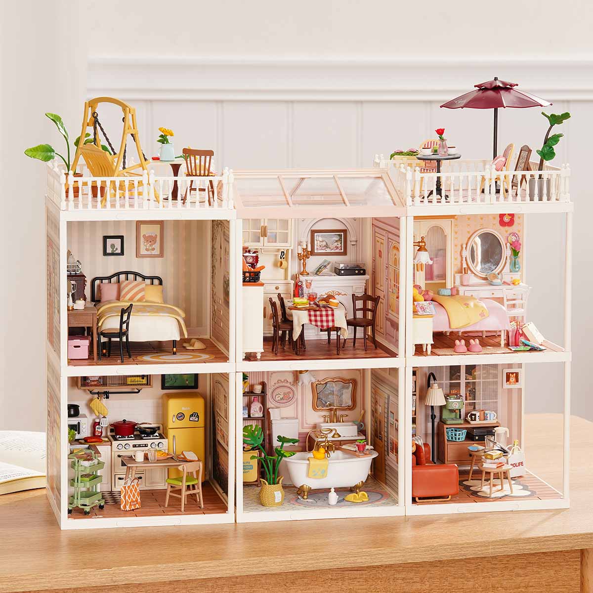 Rolife Super Creator Series 6-in-1 Six Grid miniature showing six shop modules including a retro diner, tea cafe, bar, ice cream shop, cake bakery, and flower shop with swing rooftop.