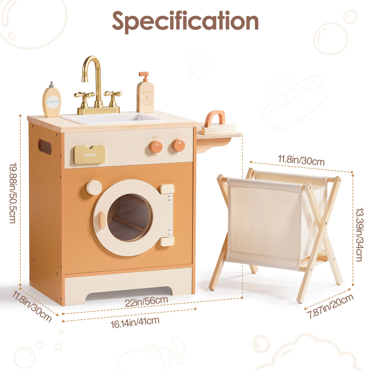 ROBUD Wooden Laundry Playset Caramel specification diagram showing washing sink, washer and laundry basket with dimensions labeled