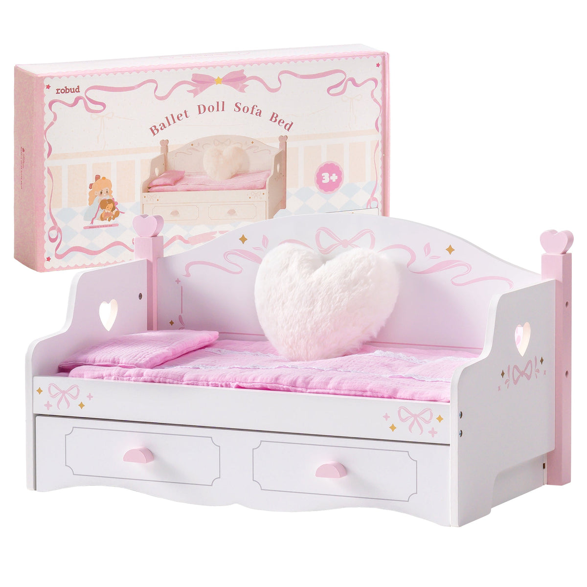 ROBUD pink and white doll bunk sofa with heart cushion displayed beside its retail box in a product showcase on pink stripes