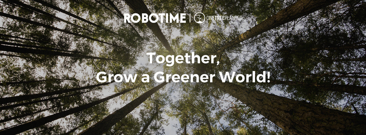 Robotime sustainability banner showing tall forest canopy photographed from below with text Together Grow a Greener World in white